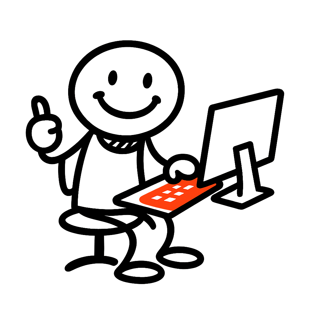 Mann Computer fröhlich Fröhliches Strichmännchen vor einem Computer mit Daumen hoch. Er ist zufrieden mit seiner Online Sichtbarkeit.