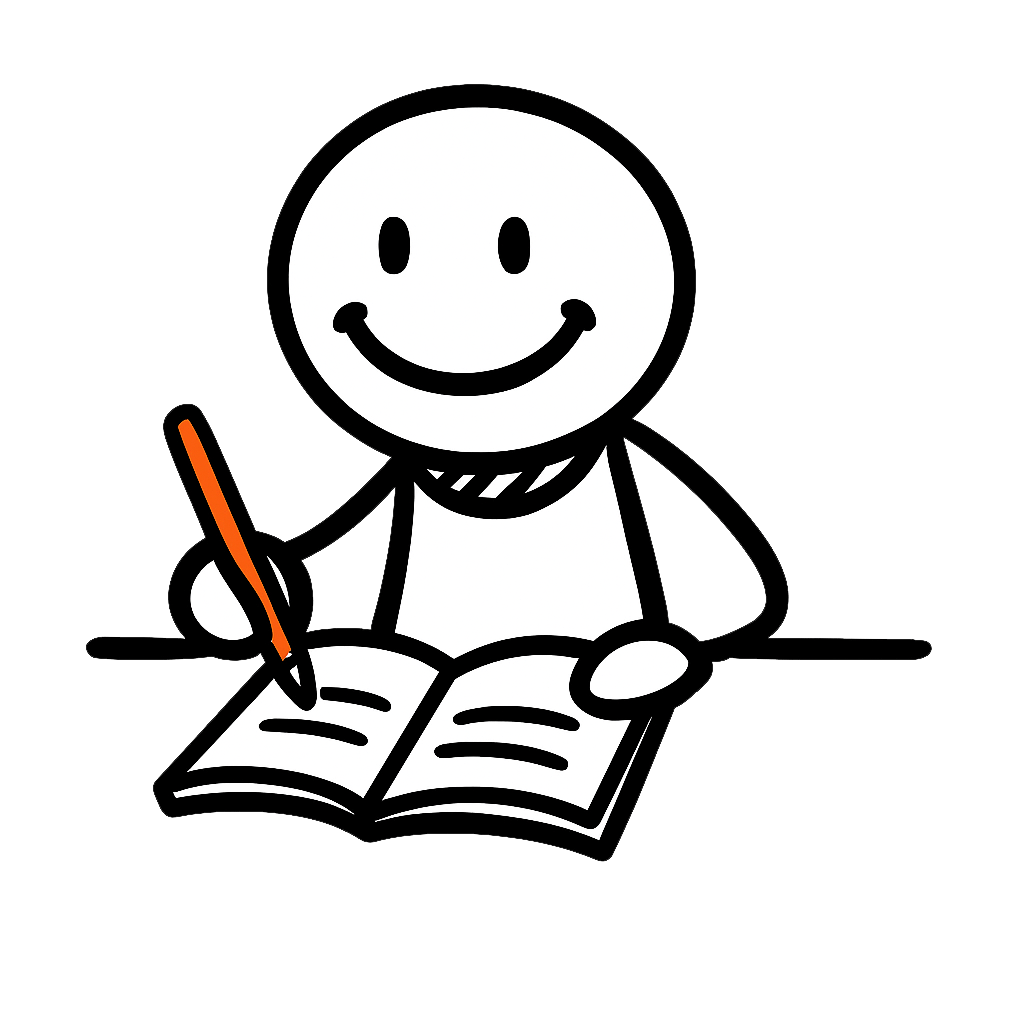 Strichmännchen, das etwas in ein Notizbuch schreibt. Beim online Marketing verhilft der passende Schreibstil beim erreichen des Zielpublikums.