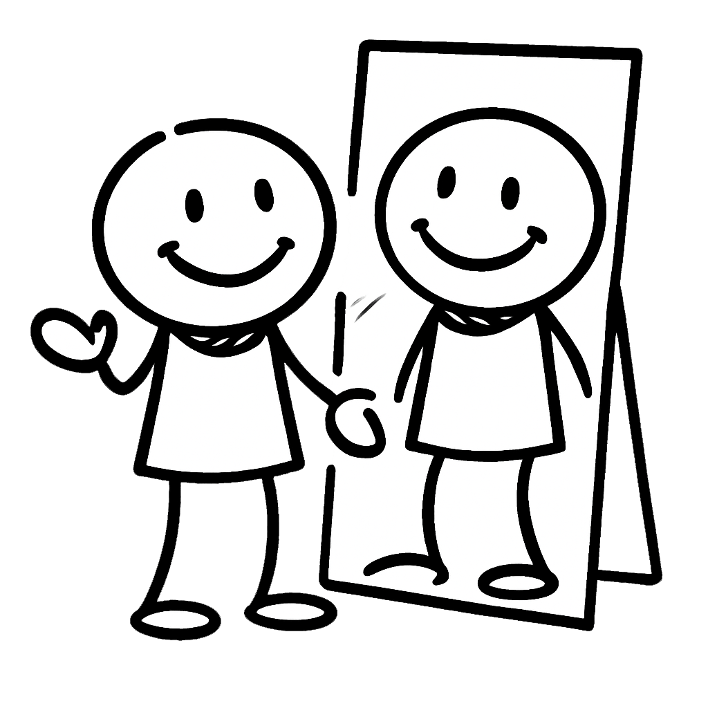 Ein Strichmännchen vor einem Spiegel. Überprüfe deine inneren Dialoge. Wie du mit dir selbst sprichst beeinflusst deine Ausstrahlung. Nutze das Wissen der KernTypen Matrix.