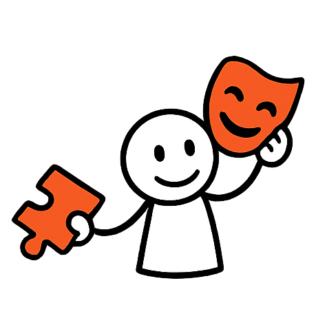 Strichmännchen mit einer Maske in der Hand und einem Puzzleteil in der anderen Hand. Nimm die Maske ab und kommuniziere mit klaren Botschaften. Dafür hilft es, die eigene Persönlichkeit verstehen zu können.