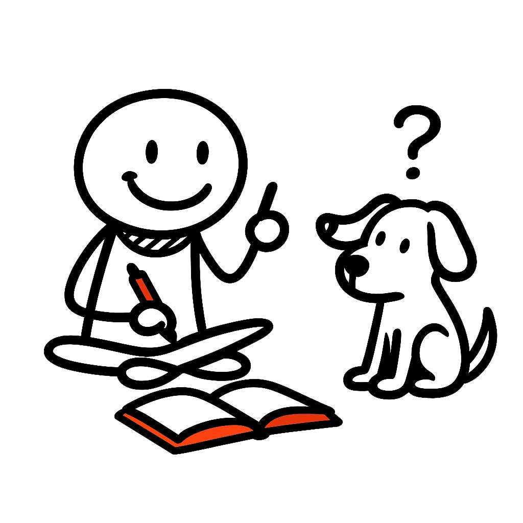 Mann Hund Fragezeichen Strichmännchen und ein Hund. Das Männchen schreibt in ein Notizbuch. Online Marketing beginnt mit kleinen Details.