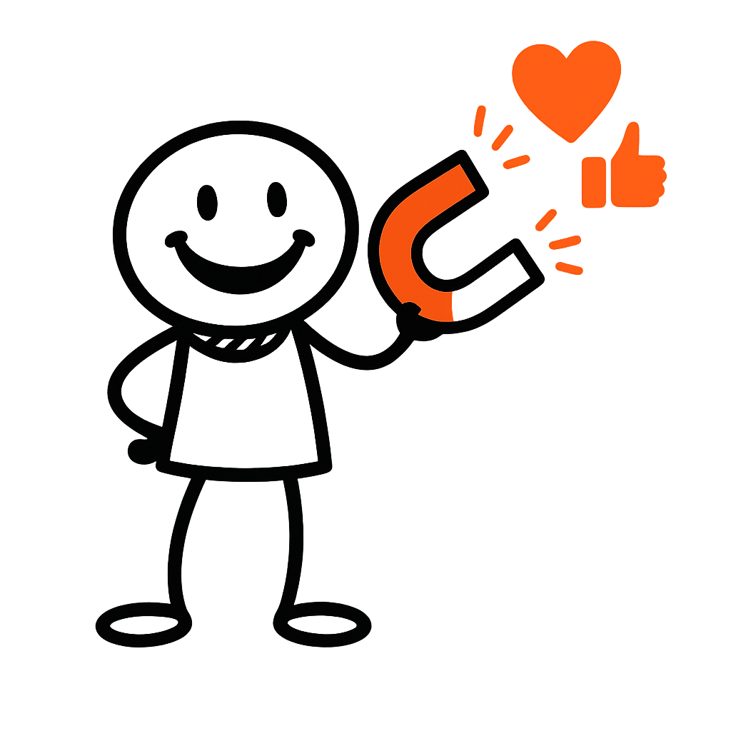 Mann Magnet fröhlich likes Fröhliches Strichmännchen mit Magnet in der Hand, der Likes und Herzchen anzieht. Typgerechte Kommunikation führt zum Erfolg.
