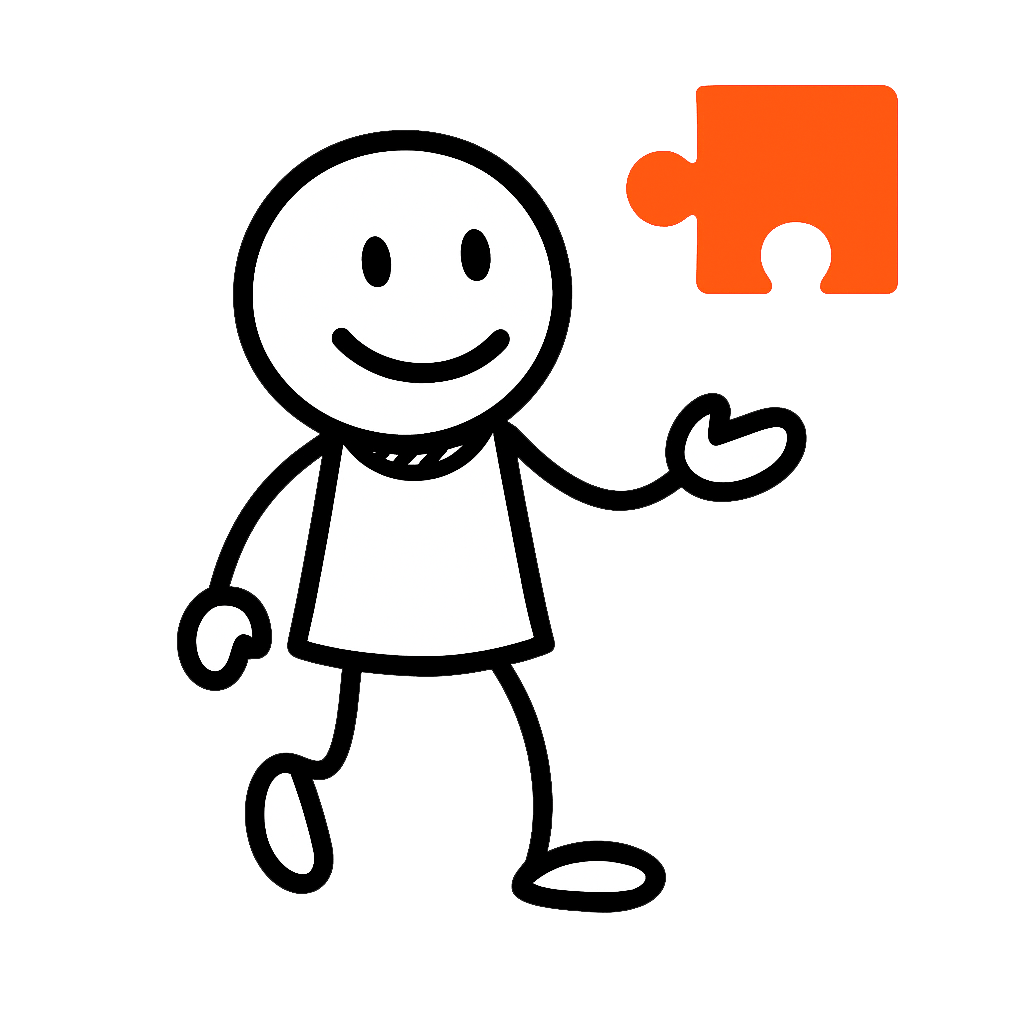 Mann Puzzle Strichmännchen mit Puzzleteil. Kommunikation setzt sich durch klare Aussagen in den Fokus erreicht Aufmerksamkeit.
